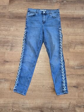 Topshop Moto  Jamie Medium Blue Skinny Jeans with White Lace-Up Sides Size 30